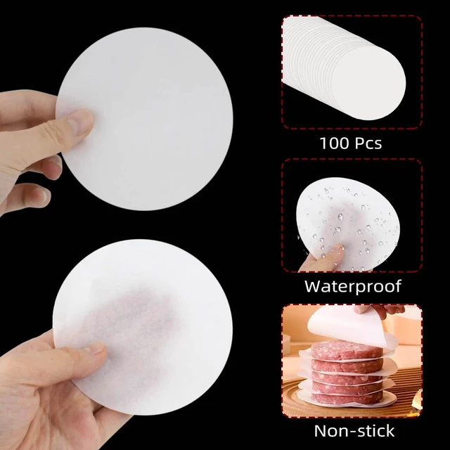Alt view image 3 of 7 - 100 Pcs Burger Patty Paper Hamburger Parchment Papers 4 Inch Non-Stick Round Hamburger Patty Paper Sheets for Burger Press Baking Non Stick Paper Rounds Set for Patty Separating Food Freezing (White)