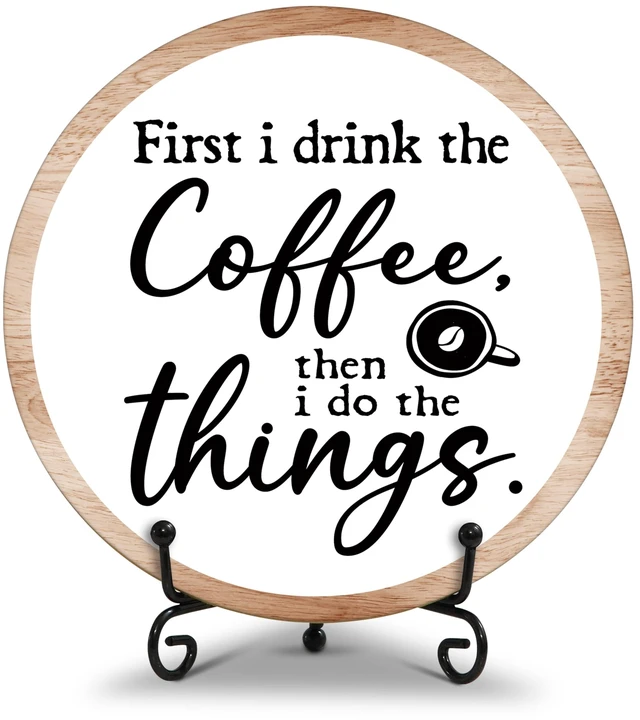Main image of Coffee Bar Decor, Coffee Bar Accessories, Coffee Station Must Haves, Coffee Round Wood Decor Sign, Gifts For Coffee Lover, Home Office Farmhouse Kitchen Decorations For Desk Table Shelf -a01