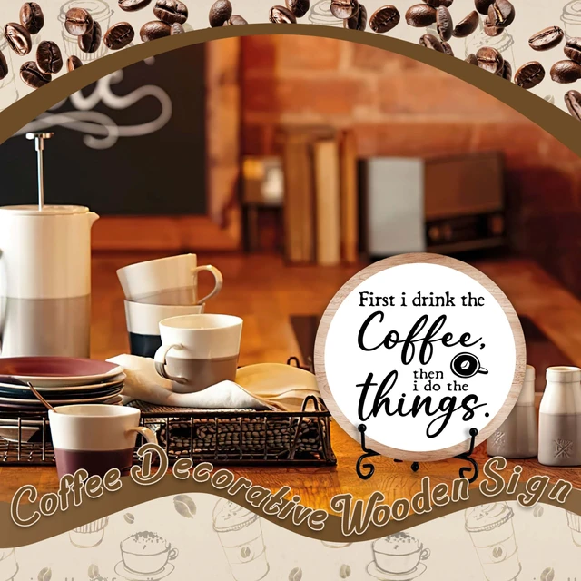Alt view image 2 of 6 - Coffee Bar Decor, Coffee Bar Accessories, Coffee Station Must Haves, Coffee Round Wood Decor Sign, Gifts For Coffee Lover, Home Office Farmhouse Kitchen Decorations For Desk Table Shelf -a01