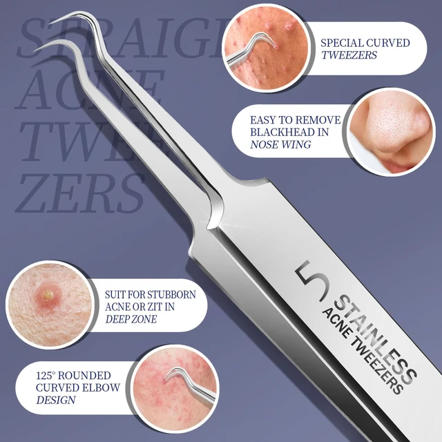 Alt view image 2 of 7 - Teenitor 7 Pcs Pimple Popper Tool Kit, Surgical Grade Blackhead Remover Tools, Ingrown Hair Tweezers, Blackhead Extractor Pimple Extractor, Black Head Remover