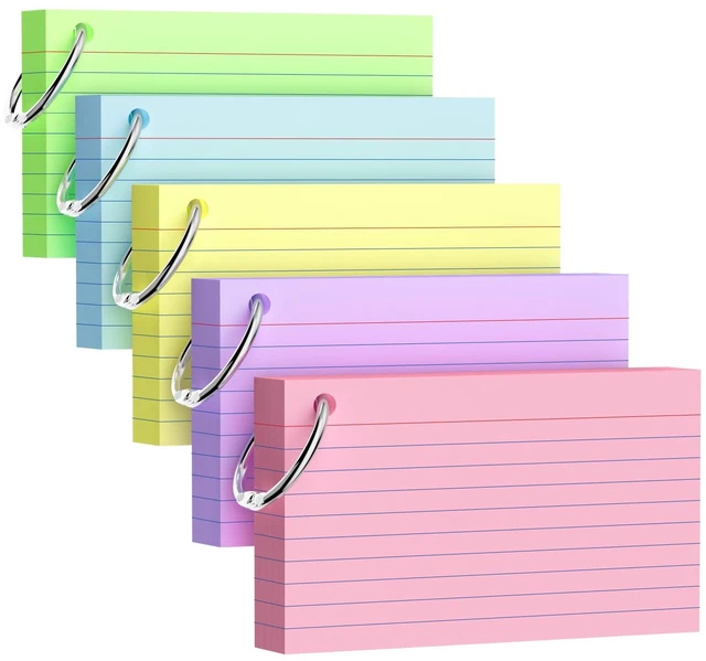 Main image of 250 Count Index Cards 3x5 Inch with Key Ring, 180gsm Heavy Weight Colored Flash Cards 5 Color Assortment (50 Sheets Each) Note Taking for Students, Study Note Cards for Office School Supplies