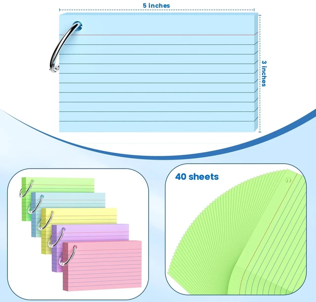 Alt view image 2 of 7 - 250 Count Index Cards 3x5 Inch with Key Ring, 180gsm Heavy Weight Colored Flash Cards 5 Color Assortment (50 Sheets Each) Note Taking for Students, Study Note Cards for Office School Supplies