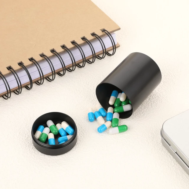 Alt view image 5 of 7 - WLLHYF Portable Metal Small Pill Case, Round Alloy Pill Holder Pocket Small Pill Box Waterproof Medicine Organizer Bottle Container for Travel Outdoor Vitamin Fish Oils (Black)