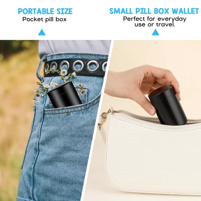 Alt view image 6 of 7 - WLLHYF Portable Metal Small Pill Case, Round Alloy Pill Holder Pocket Small Pill Box Waterproof Medicine Organizer Bottle Container for Travel Outdoor Vitamin Fish Oils (Black)