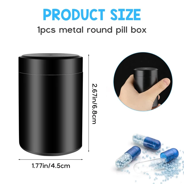 Alt view image 7 of 7 - WLLHYF Portable Metal Small Pill Case, Round Alloy Pill Holder Pocket Small Pill Box Waterproof Medicine Organizer Bottle Container for Travel Outdoor Vitamin Fish Oils (Black)