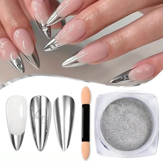 Alt view image 4 of 7 - Holographic Mirror Nail Powders Chrome Silver Effect Pure Metallic Dust Sequins UV Gel Nail Chrome Pigment for Nail Art Decoration,Silver Chrome Nail Powder
