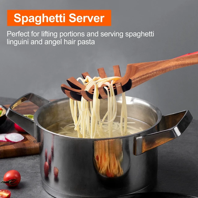 Alt view image 3 of 7 - Wooden Spaghetti Spoon Server Pasta Fork Tongs Pasta Spoon Ladle with Teeth