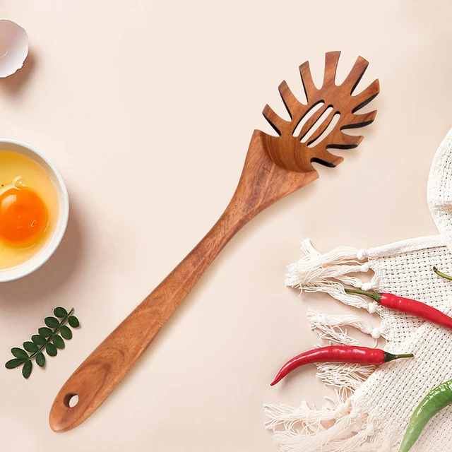 Alt view image 6 of 7 - Wooden Spaghetti Spoon Server Pasta Fork Tongs Pasta Spoon Ladle with Teeth