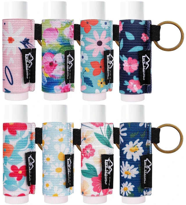Main image of WK IEASON 8PCS Lip Balm & Gloss Keychain Holder - Elastic Sleeve for Fat & Slim Lip Balms & Gloss (8pcs Floral C)