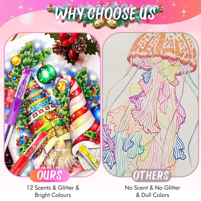 Alt view image 3 of 7 - Niutop Coloured Pen Stocking Stuffers for Adult, 12-Color Scented Glitter Gel Pens,Coloring Markers Colored Pen Set, Drawing pens Joumaling Supplies Fun Stationary, Gel Roller Pens, Halloween Gifts