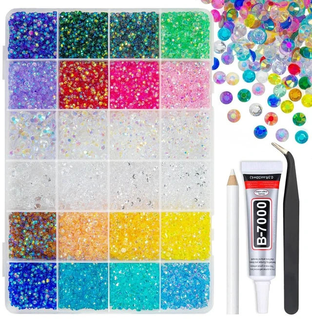 Main image of qiipii 24000Pcs 18 Color 3mm Transparent AB Resin Rhinestones w B7000 Glue for Bedazzling Crafting Flatback Colorful Stones Crystals Gems Diamonds Charms for Nails Face Makeup Tumblers Bottles Crafts