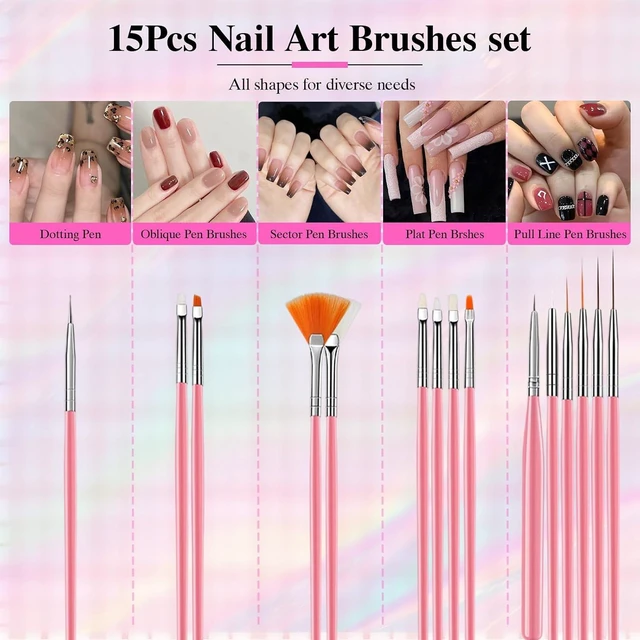 Alt view image 2 of 7 - Nail Art Tools Set, Nail Art Kit for Beginners: 15 professional nail brushes for nail art, 5 precision dotting tools, 1 pink curved tweezers, Design Tools for Nail Tech & Beginners