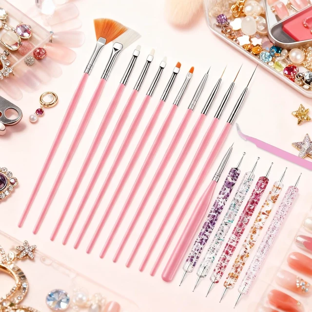 Alt view image 3 of 7 - Nail Art Tools Set, Nail Art Kit for Beginners: 15 professional nail brushes for nail art, 5 precision dotting tools, 1 pink curved tweezers, Design Tools for Nail Tech & Beginners