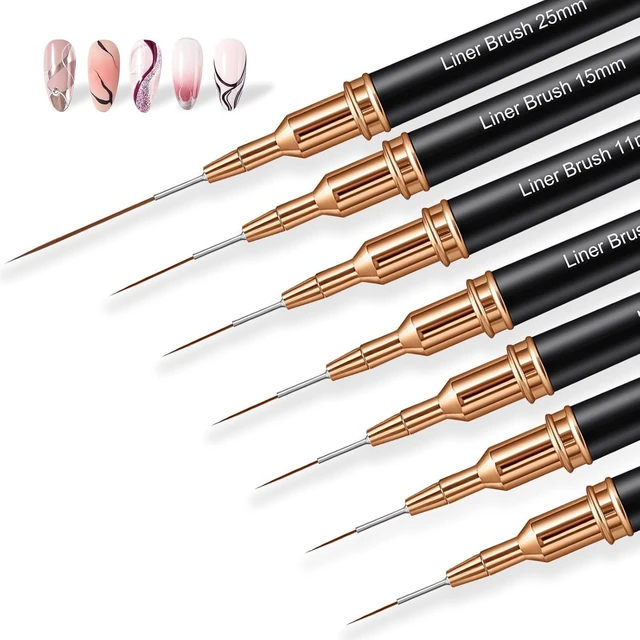 Main image of 7PCS Metallic Nail Art Brushes Set, 7/9/11/15/25mm Liner Brush For Nails Gel, Super Fine Painting Art Design Pen for Long-Line Patterns, Detailed Outlines, Geometric Shapes (Black)