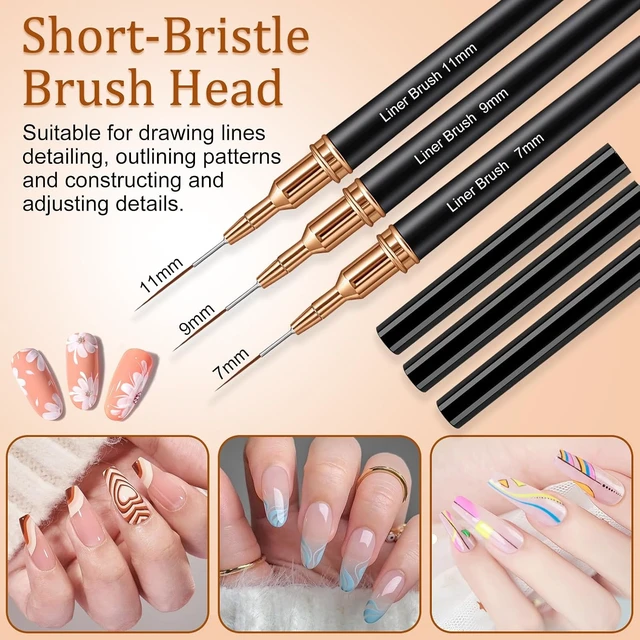 Alt view image 3 of 7 - 7PCS Metallic Nail Art Brushes Set, 7/9/11/15/25mm Liner Brush For Nails Gel, Super Fine Painting Art Design Pen for Long-Line Patterns, Detailed Outlines, Geometric Shapes (Black)