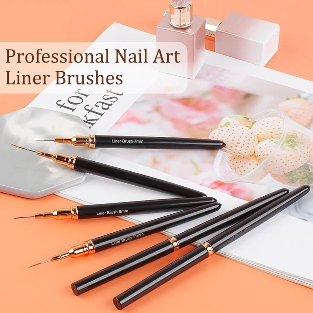 Alt view image 4 of 7 - 7PCS Metallic Nail Art Brushes Set, 7/9/11/15/25mm Liner Brush For Nails Gel, Super Fine Painting Art Design Pen for Long-Line Patterns, Detailed Outlines, Geometric Shapes (Black)