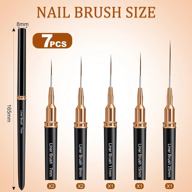 Alt view image 7 of 7 - 7PCS Metallic Nail Art Brushes Set, 7/9/11/15/25mm Liner Brush For Nails Gel, Super Fine Painting Art Design Pen for Long-Line Patterns, Detailed Outlines, Geometric Shapes (Black)
