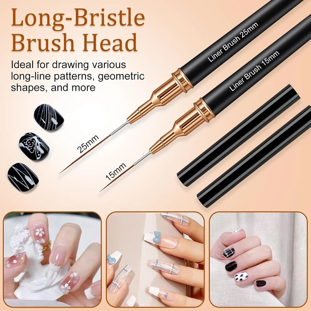 Alt view image 6 of 7 - 7PCS Metallic Nail Art Brushes Set, 7/9/11/15/25mm Liner Brush For Nails Gel, Super Fine Painting Art Design Pen for Long-Line Patterns, Detailed Outlines, Geometric Shapes (Black)