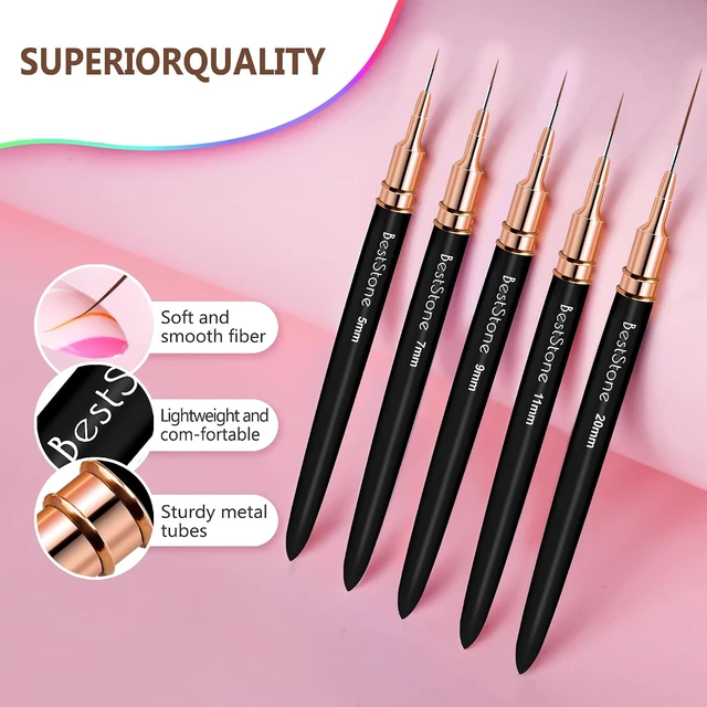 Alt view image 5 of 6 - Nail Art Liner Brushes, 5Pcs Professional Gel Polish Painting Art Design Pen Set for Long Lines, Thin Details, Fine Drawing Sizes 5/7/9/11/20mm Nail Art Design Gift for Women(Black)
