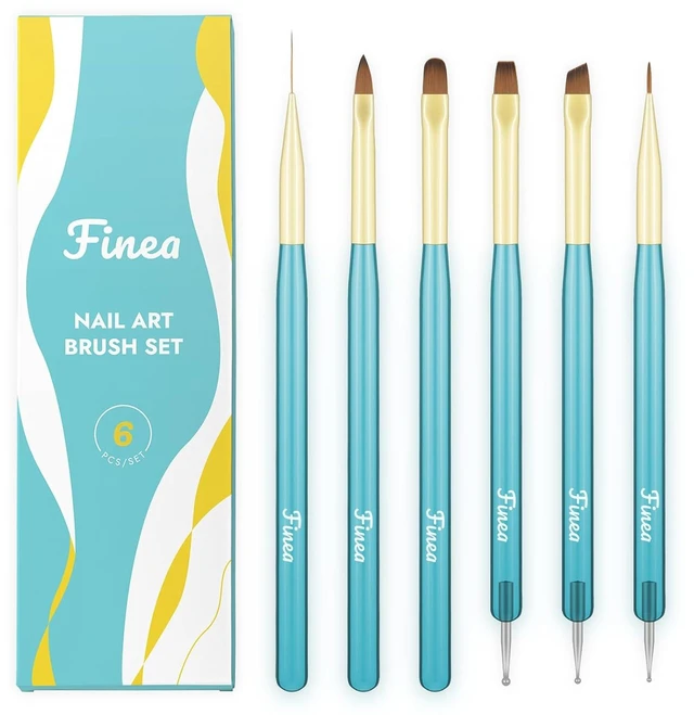Main image of Finea Nail Art Brushes and Dotting Tools 6pcs Set for Gel Polish Gold Blue