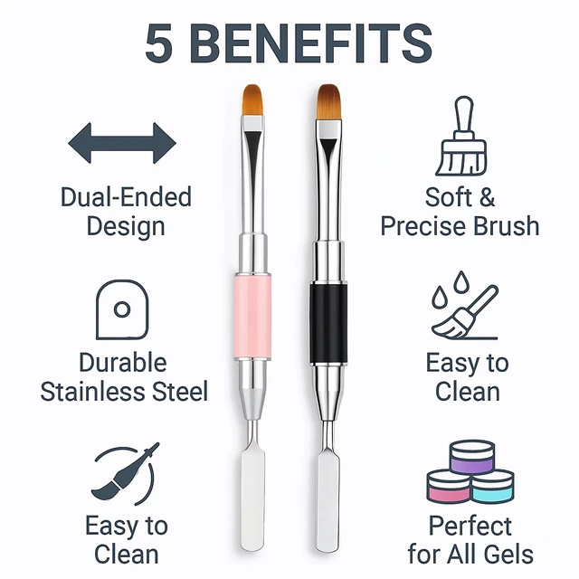 Alt view image 3 of 7 - 2Pcs Dual-Ended Nail Art Brush and Spatula Set - Pink & Black UV Gel Nail Tools for Poly Extension, Sculpture Gel - Manicure Design Kit for Salon & DIY Use