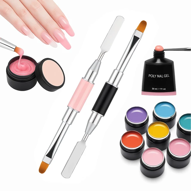 Alt view image 6 of 7 - 2Pcs Dual-Ended Nail Art Brush and Spatula Set - Pink & Black UV Gel Nail Tools for Poly Extension, Sculpture Gel - Manicure Design Kit for Salon & DIY Use