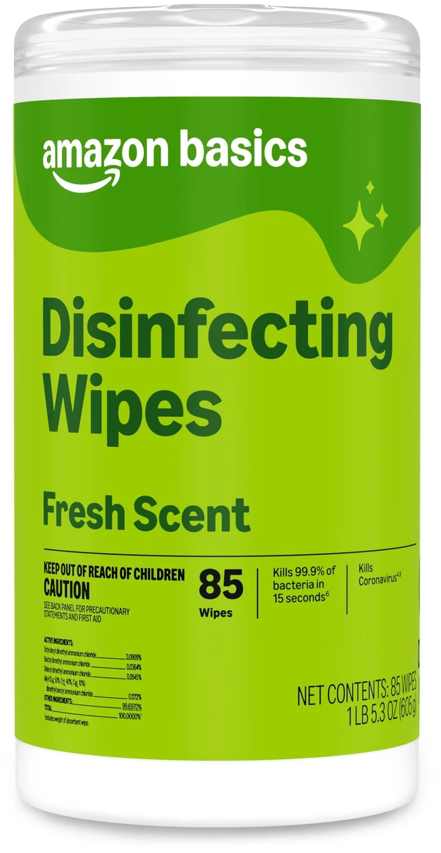 Main image of Amazon Basics Disinfecting Wipes, Fresh Scent, Sanitizes/Cleans/Disinfects/Deodorizes, 85 Count, for Hard Nonporous Surfaces