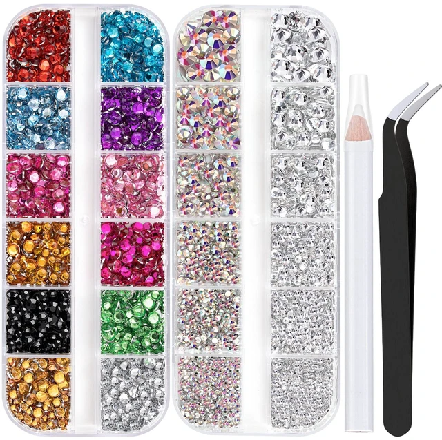 Main image of Two Packs of Flatback Rhinestones 4520 Pcs Crystal, Colorful Rhinestones for Nails, Multicolored+ AB+Transparent White Gems with Picker Tools for Bedazzling Nail Crafting Face Makeup
