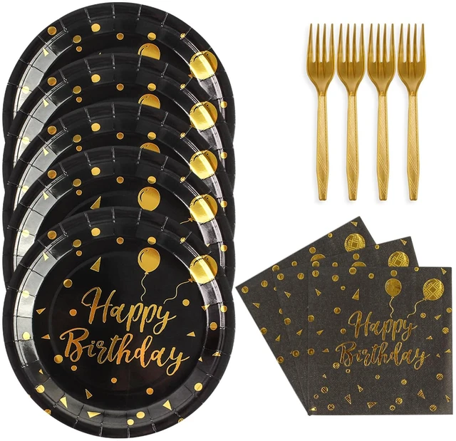 Main image of 48PCS Happy Birthday Plates and Napkins Party Supplies, Black and Gold Disposable Paper Plates and Napkins with Forks Tableware Set for Birthday Party Decorations 16 Guests (Birthday Black)