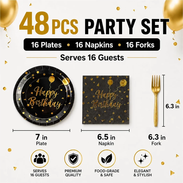 Alt view image 3 of 6 - 48PCS Happy Birthday Plates and Napkins Party Supplies, Black and Gold Disposable Paper Plates and Napkins with Forks Tableware Set for Birthday Party Decorations 16 Guests (Birthday Black)