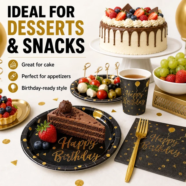 Alt view image 6 of 6 - 48PCS Happy Birthday Plates and Napkins Party Supplies, Black and Gold Disposable Paper Plates and Napkins with Forks Tableware Set for Birthday Party Decorations 16 Guests (Birthday Black)