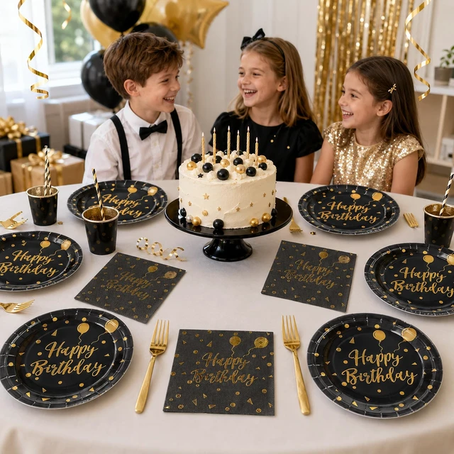 Alt view image 5 of 6 - 48PCS Happy Birthday Plates and Napkins Party Supplies, Black and Gold Disposable Paper Plates and Napkins with Forks Tableware Set for Birthday Party Decorations 16 Guests (Birthday Black)