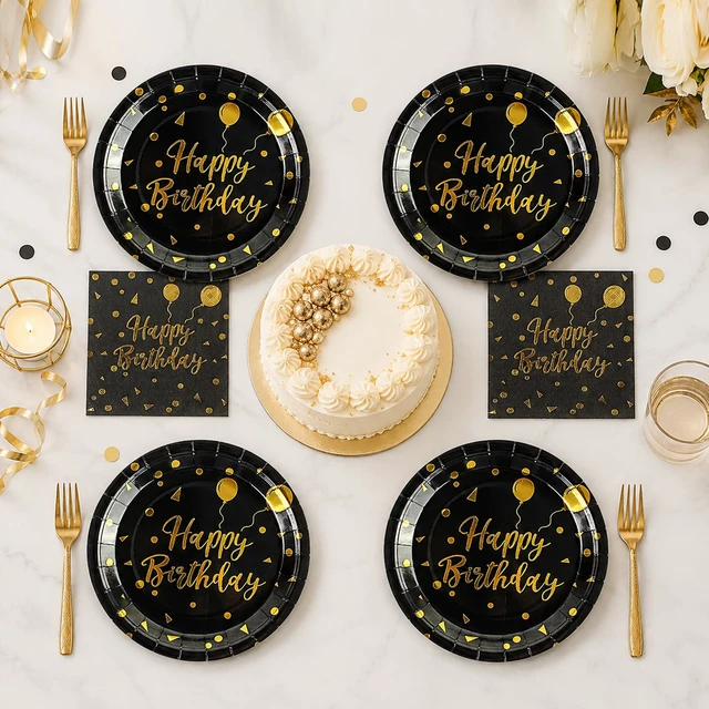 Alt view image 2 of 6 - 48PCS Happy Birthday Plates and Napkins Party Supplies, Black and Gold Disposable Paper Plates and Napkins with Forks Tableware Set for Birthday Party Decorations 16 Guests (Birthday Black)
