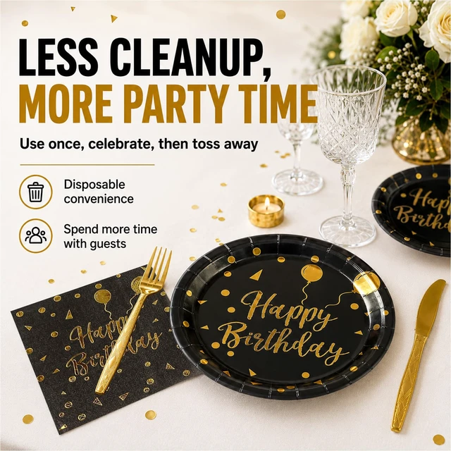 Alt view image 4 of 6 - 48PCS Happy Birthday Plates and Napkins Party Supplies, Black and Gold Disposable Paper Plates and Napkins with Forks Tableware Set for Birthday Party Decorations 16 Guests (Birthday Black)