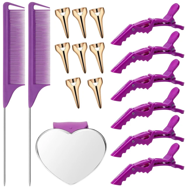 Main image of Hair Parting Tools Set, 17 Pieces Including Hair Parting Rings, Sectioning Clips, Rat Tail Combs, Magnetic Wrist Pin Holder for Braiding (Purple)