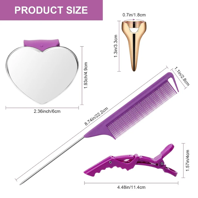 Alt view image 6 of 6 - Hair Parting Tools Set, 17 Pieces Including Hair Parting Rings, Sectioning Clips, Rat Tail Combs, Magnetic Wrist Pin Holder for Braiding (Purple)