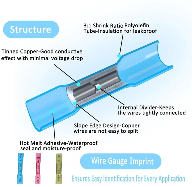 Alt view image 6 of 6 - 50 Pcs Heat Shrink Butt Connectors Kit,Heat Shrink Wire Connectors,Waterproof Insulated Marine Automotive Crimp Terminals Butt Splice for Marine Automotive Motorcycle Truck Electrical