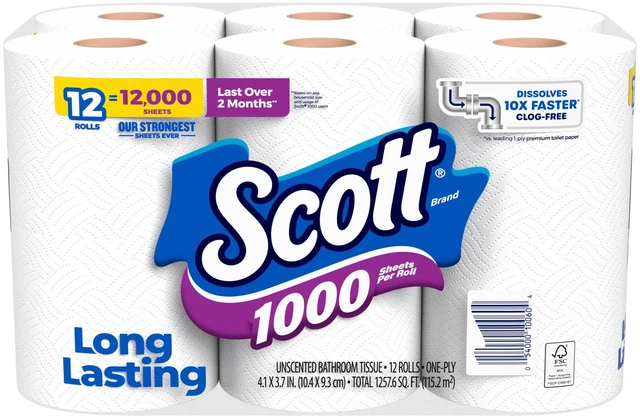 Main image of Scott 1000 1-Ply Toilet Paper, 12 Rolls, 1,000 Sheets per Roll