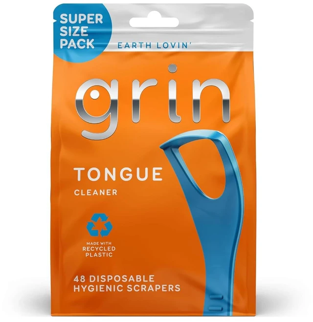 Main image of GRIN Tongue Cleaner, 48 Count, Disposable Tongue Cleaner, Hygienic Scraper, Recycled Plastic, Clean Tongue, Promote Fresh Breath, Includes Safe Fold- Back Tooth Pick