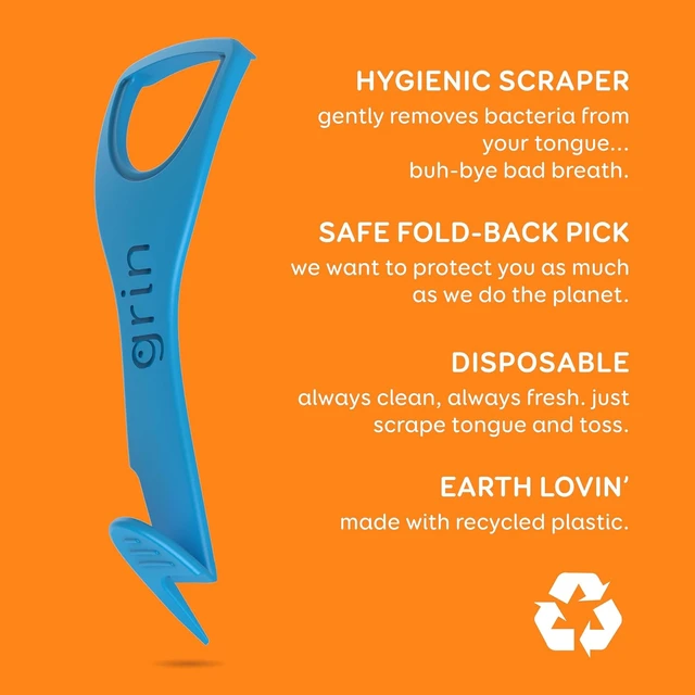 Alt view image 3 of 6 - GRIN Tongue Cleaner, 48 Count, Disposable Tongue Cleaner, Hygienic Scraper, Recycled Plastic, Clean Tongue, Promote Fresh Breath, Includes Safe Fold- Back Tooth Pick