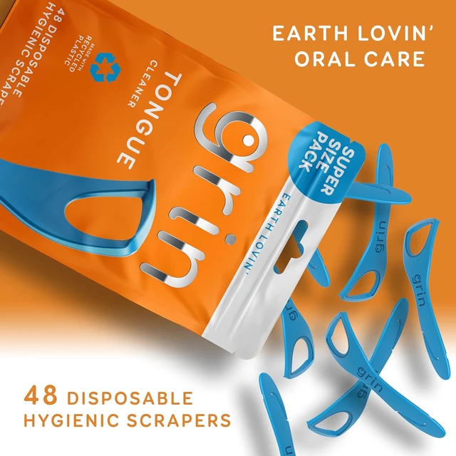 Alt view image 4 of 6 - GRIN Tongue Cleaner, 48 Count, Disposable Tongue Cleaner, Hygienic Scraper, Recycled Plastic, Clean Tongue, Promote Fresh Breath, Includes Safe Fold- Back Tooth Pick