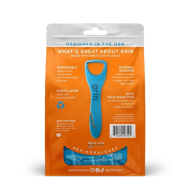 Alt view image 2 of 6 - GRIN Tongue Cleaner, 48 Count, Disposable Tongue Cleaner, Hygienic Scraper, Recycled Plastic, Clean Tongue, Promote Fresh Breath, Includes Safe Fold- Back Tooth Pick