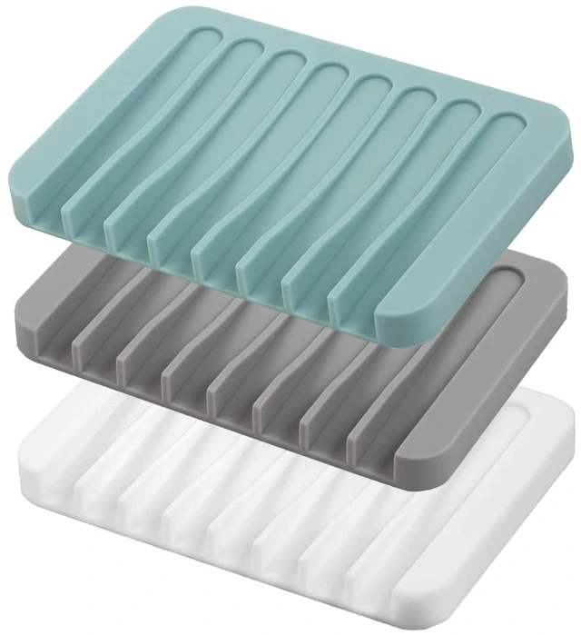 Main image of Self Draining Soap Dishes, 3 Pcs Silicone Soap Saver, Waterfall Drainer Soap Holder for Bathroom, Extend Soap Life, Keep Soap Bars Dry Clean & Easy Cleaning (White, Gray, Teal)
