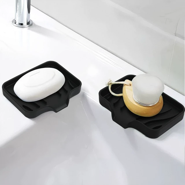 Alt view image 4 of 5 - 2 Pack Silicone Soap Dish with Drain, Bar Soap Holder for Shower,Bathroom and Kitchen Sink Organizer,Self Draining Waterfall Soap Tray (Black)