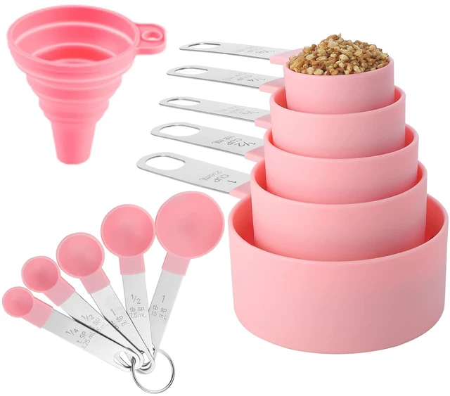 Main image of Measuring Cups and Spoons Set of Huygens Kitchen Gadgets 10 Pieces, Stackable Stainless Steel Handle Measuring Cups for Measuring Dry and Liquid Ingredient (Pink)