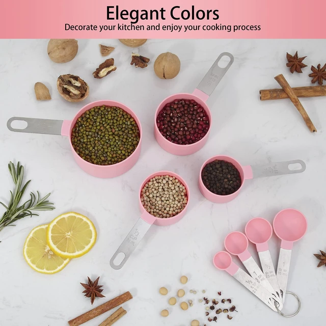 Alt view image 7 of 7 - Measuring Cups and Spoons Set of Huygens Kitchen Gadgets 10 Pieces, Stackable Stainless Steel Handle Measuring Cups for Measuring Dry and Liquid Ingredient (Pink)