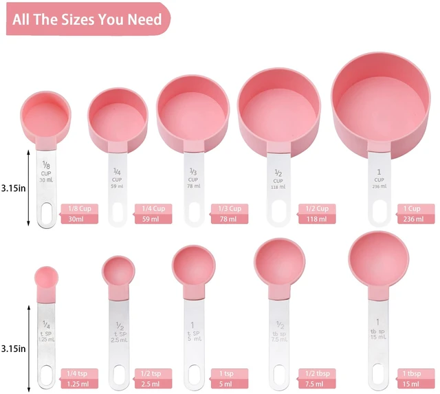 Alt view image 2 of 7 - Measuring Cups and Spoons Set of Huygens Kitchen Gadgets 10 Pieces, Stackable Stainless Steel Handle Measuring Cups for Measuring Dry and Liquid Ingredient (Pink)