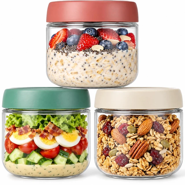 Main image of 3Pack Overnight Oats Containers with Lids,10oz Glass Jar with Scew Lid,Salad Dressing Fruit Veggies Sauce Snacks Meal Prep Food Containers,Spice Jars,Wide Mouth Storage Containers