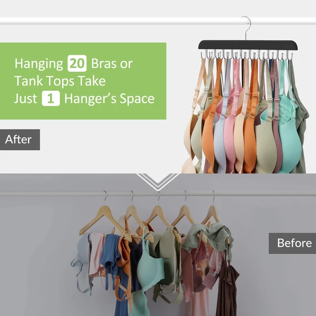 Alt view image 4 of 6 - Bra Hanger for Closet, Tank Top Hanger 20 Hooks Capacity Sturdy Wood Space Saving Hanger Sport Bras Holder, Closet Organizers and Storage, Black 1 Pack
