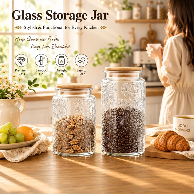 Alt view image 5 of 6 - Custde Vintage Glass Jars With Lids, 23.7oz Airtight Food Storage Containers,Kitchen Canisters For Sugar, Coffee, Tea, Spice, Flour, Candy Cookie, Pasta, Cereal, Cute Decorative Jars(Sunflower*1)